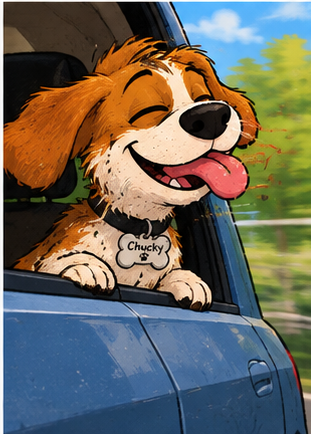 Chucky hanging his head out the car window