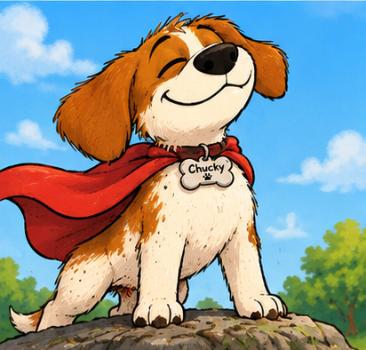 Chucky the puppy wearing a superhero cape